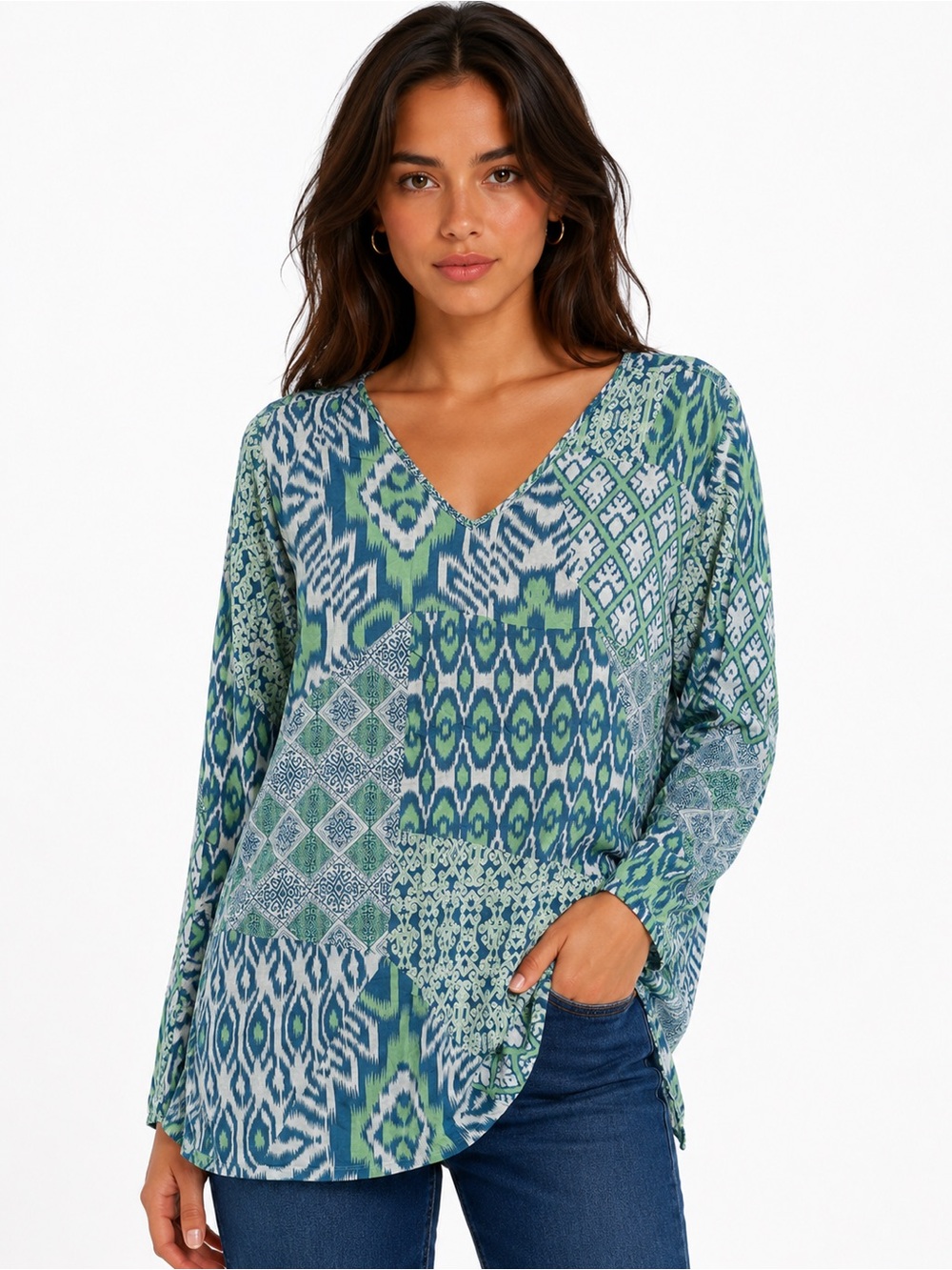 Nomadic Traders Green & Blue Patchwork V-Neck Long Sleeve Top